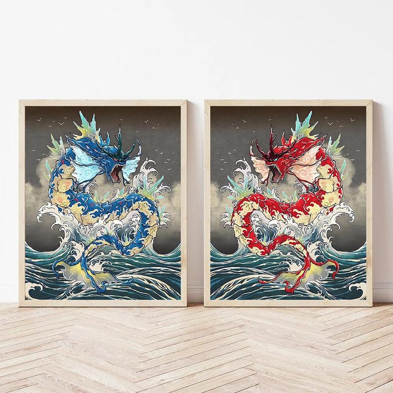 Dragon Pattern Wall Art, 2 Counts set Frameless Abstract Anime Poster, Cartoon Dragon Wall Art Painting for Living Room Bedroom Dormitory Home Decor