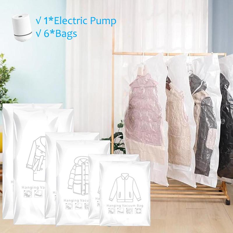 Hanging Vacuum Storage Bag with Electric Pump, 6 Counts set Space Saving Hanging Vacuum Storage Bag for Jackets, Dresses, Comforters, Blankets