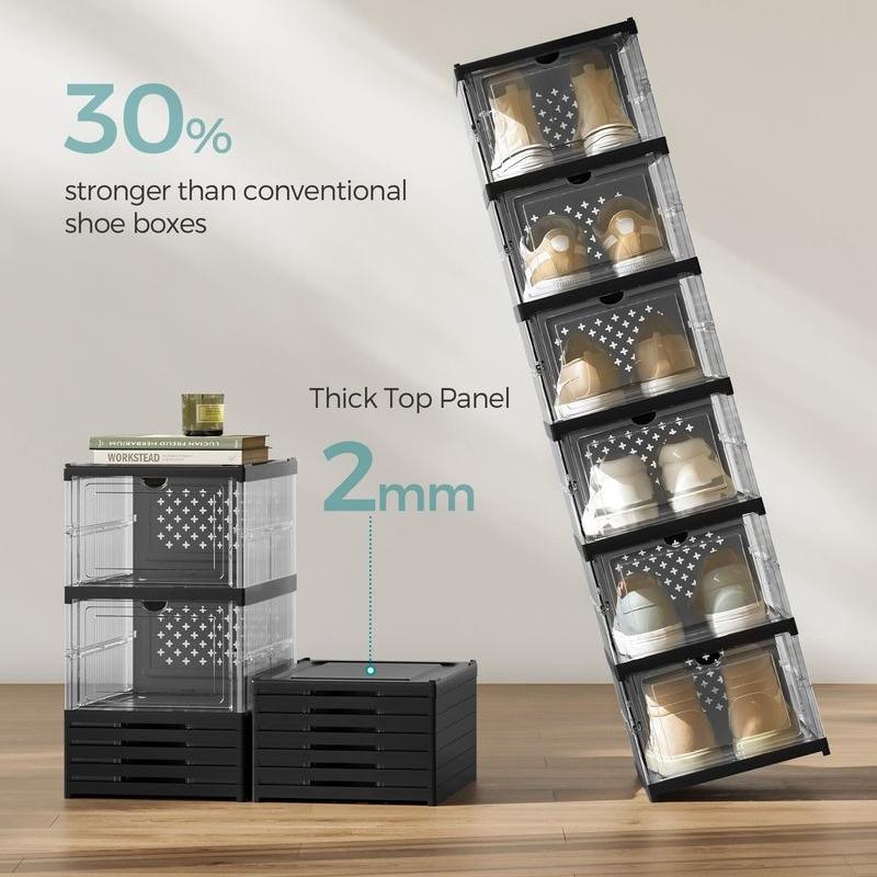 SONGMICS HOME Collapsible Shoe Boxes - Foldable, Stackable, and Portable Shoe Storage Organizer for US Size 13, Small-Spaced Homes and Closets