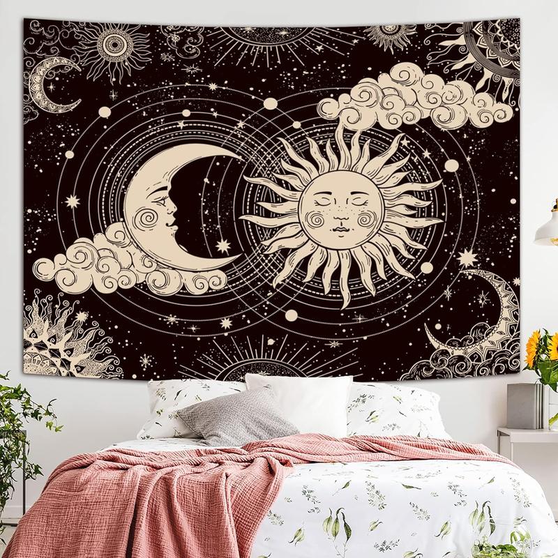 Sun and Moon Tapestry, Aesthetic Black Dark Spiritual Tapestries Mystic Burning Sun with Clouds Star Wall Hanging decor for Bedroom  50x60inch