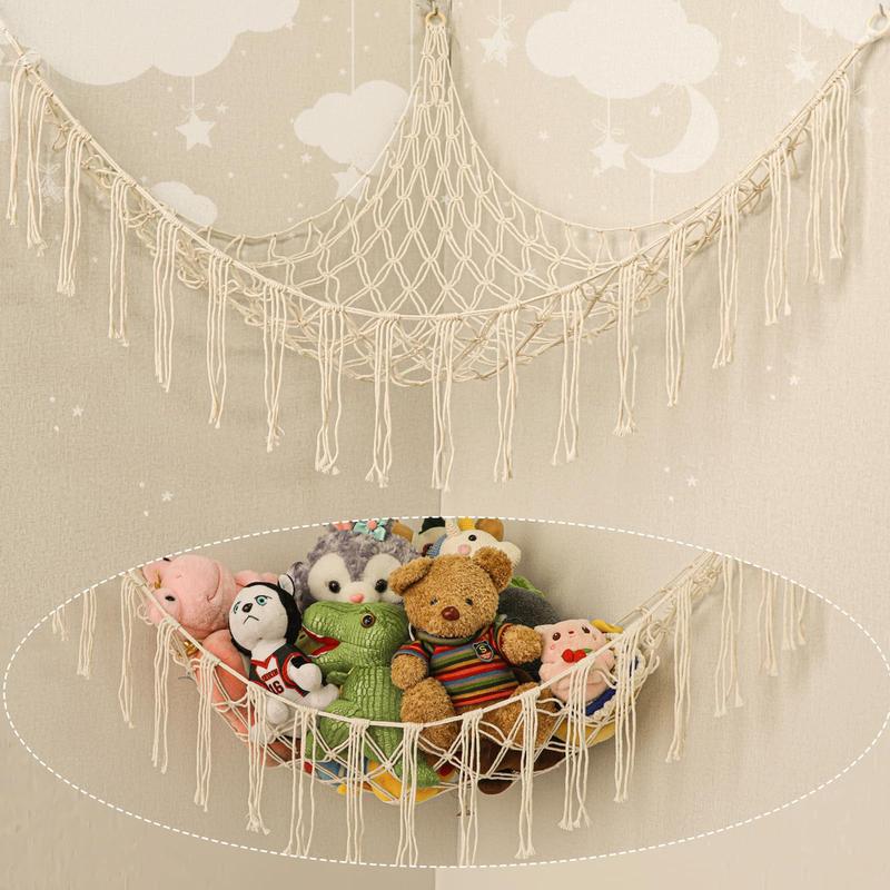 Boho Stuffed Animals Net, 55 Inch Toy Hammock Macrame Plush Toy Organizer with Hooks for Bedroom and Nursery