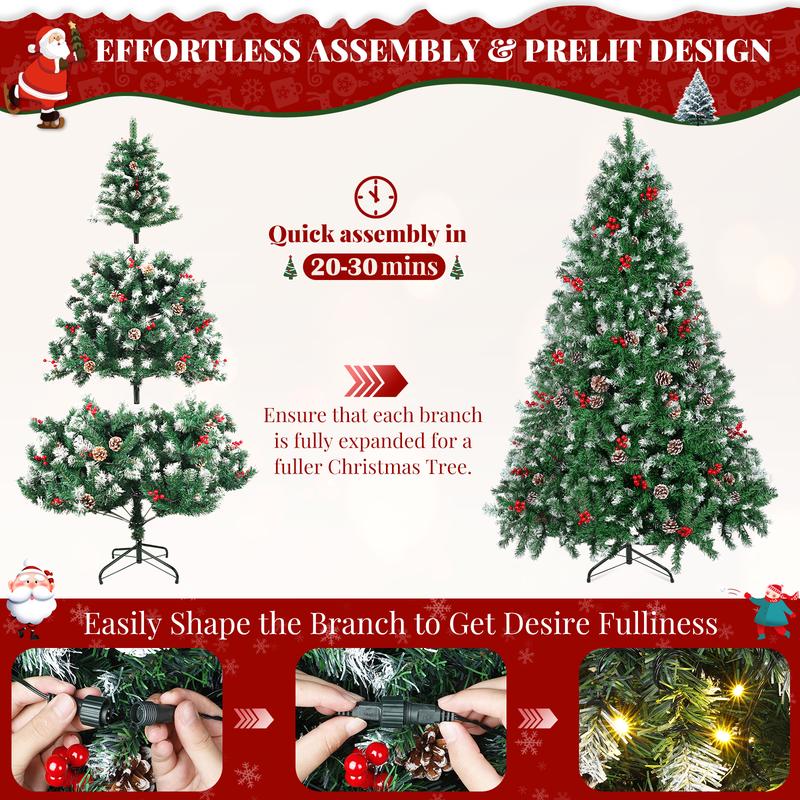 6FT Christmas Tree, Pre-Decorated Artificial Xmas Tree with 250 Warm White Lights, Pine Cones& Berries, 800 Flocked Frosted Tips for Christmas Decor