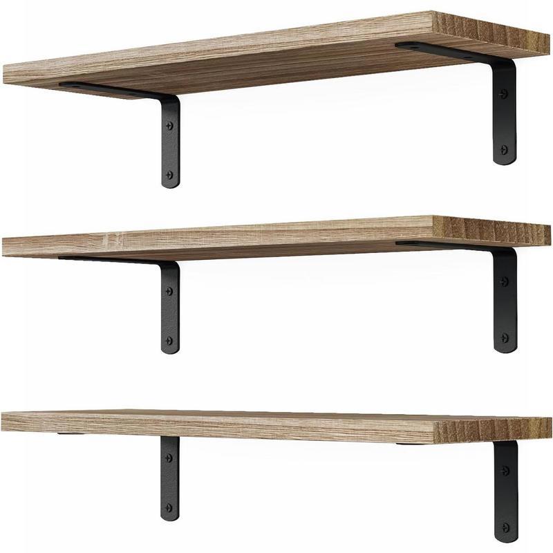 3 Sets of Wooden Wall Floating Shelves - Rustic Brown Decor. For Wall Décor, Bathroom Storage, Bedroom, Living Room.