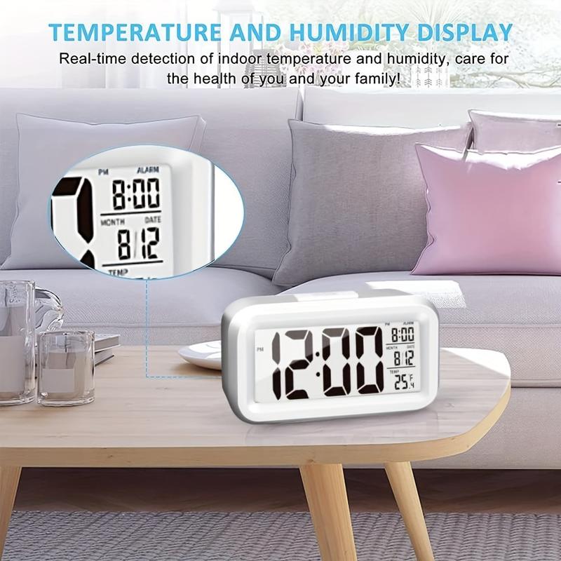 Upgraded Digital Alarm Clock, LED Display with Temperature Larger Lound Light Control Portable Calendar Brightness with Battery Powered Alarm Clocks Bedside for Everyone