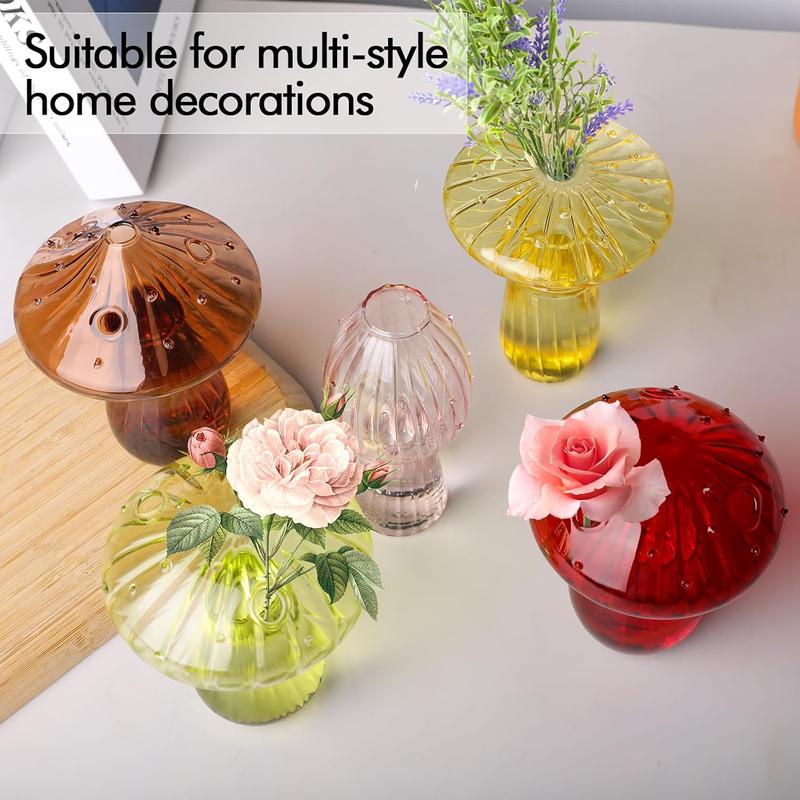 5 PCS Mushroom Shaped Glass Vase Set with Decorative Ornaments, Clear Hydroponic Planters for Flowers & Plants, Centerpiece Table Decor, Wedding & Party Home Decorations