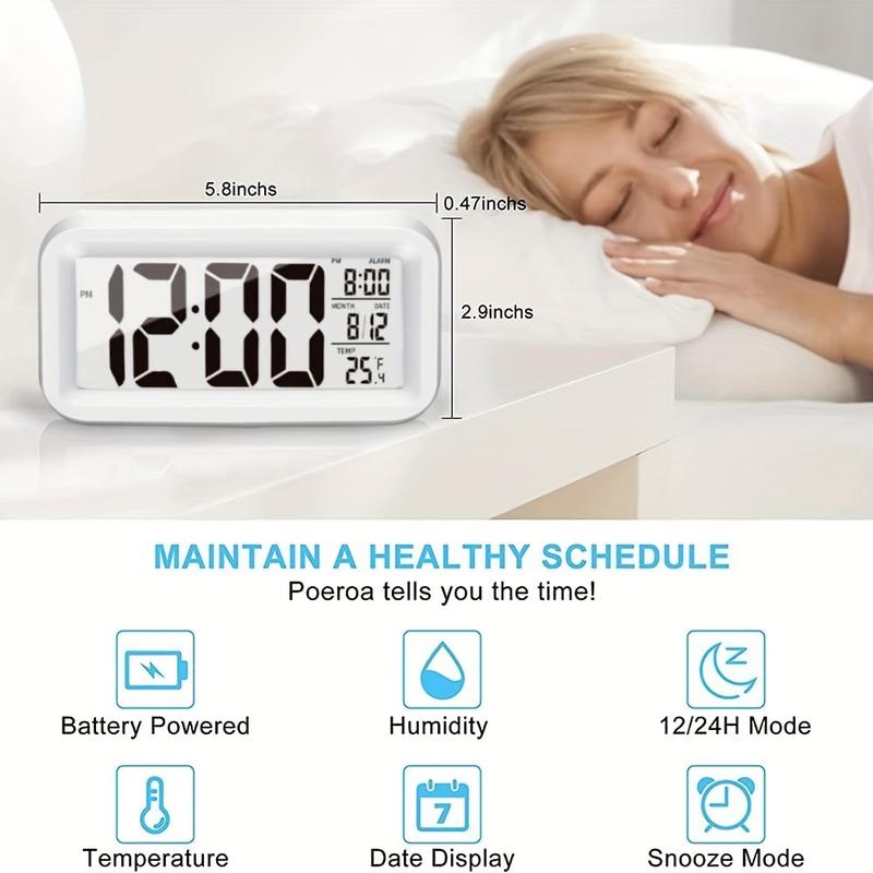 Upgraded Digital Alarm Clock, LED Display with Temperature Larger Lound Light Control Portable Calendar Brightness with Battery Powered Alarm Clocks Bedside for Everyone