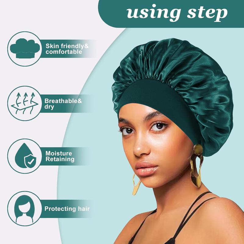 4PCS Silk Bonnet for Sleeping,Hair Satin Bonnets for Women Men,Hair Wrap Cap for Curly Hair,Elastic Wide Band Hair Bonnet Shower Cap for Sleeping (Black & Peacock Blue & Pink & Khaki)