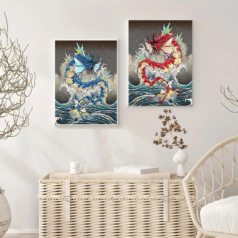 Dragon Pattern Wall Art, 2 Counts set Frameless Abstract Anime Poster, Cartoon Dragon Wall Art Painting for Living Room Bedroom Dormitory Home Decor