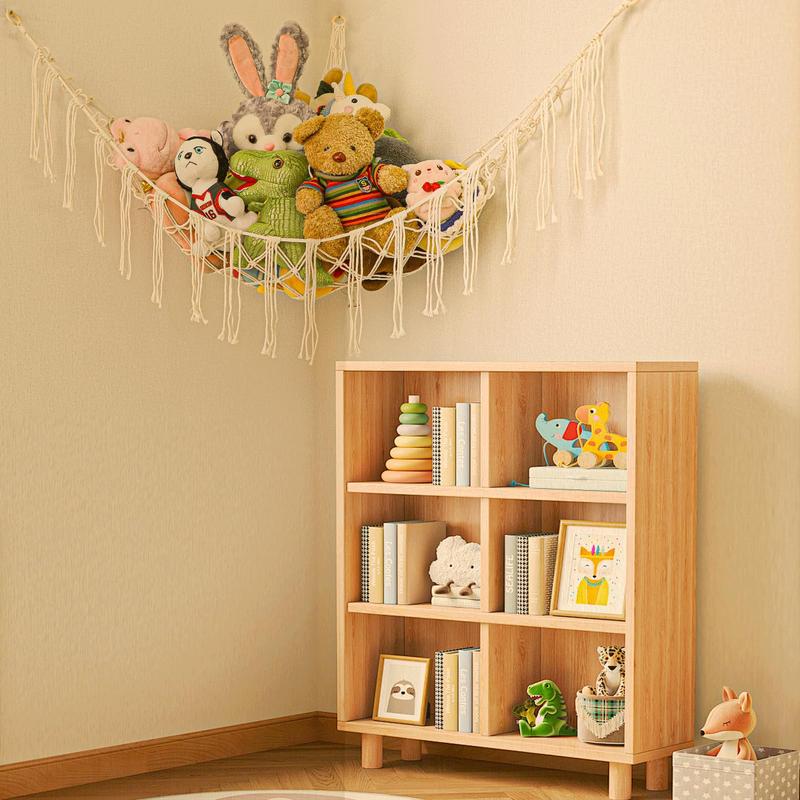 Boho Stuffed Animals Net, 55 Inch Toy Hammock Macrame Plush Toy Organizer with Hooks for Bedroom and Nursery