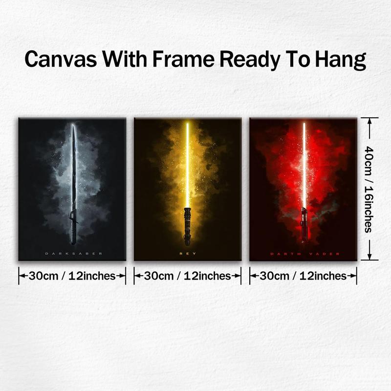 Wooden Framed Canvas Painting, 3 Counts set Lightsaber Pattern Wall Art Poster, Home Decor Poster for Living Room Bedroom Office