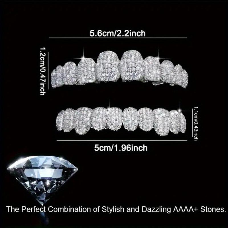 2Pcs  Set Blingbling Halloween Hip Hop Cubic Zirconia Teeth Grills 20 Teeth Top Bottom Grills Dental Mouth Punk Tooth Caps Cosplay Rapper Jewelry For Men Women Teenager