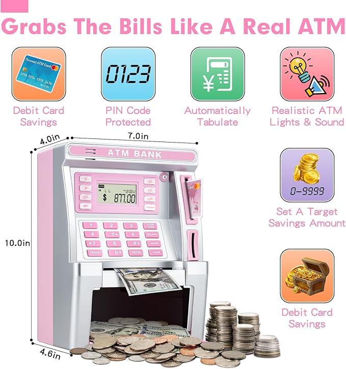 Pink Piggy Bank for Kids, ATM Machine Bank for Real Money with Debit Card, Bill Feeder, Coin Recognition, Balance Calculator, Electronic Savings Safe Box, Gifts for Teen Boy Girl