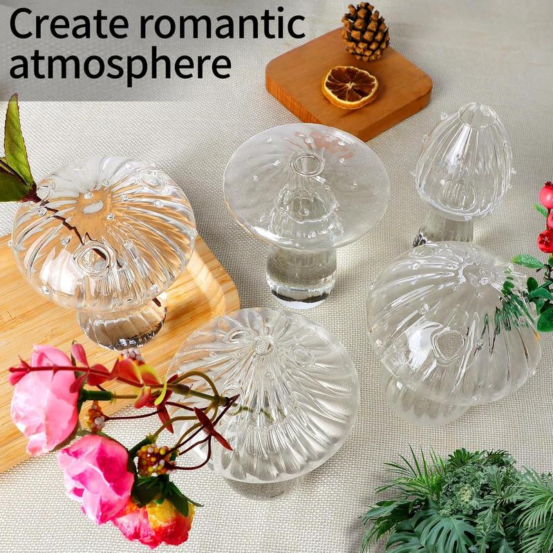 5 PCS Mushroom Shaped Glass Vase Set with Decorative Ornaments, Clear Hydroponic Planters for Flowers & Plants, Centerpiece Table Decor, Wedding & Party Home Decorations