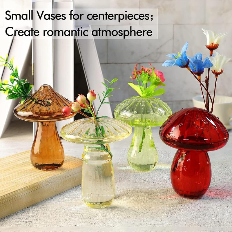 5 PCS Mushroom Shaped Glass Vase Set with Decorative Ornaments, Clear Hydroponic Planters for Flowers & Plants, Centerpiece Table Decor, Wedding & Party Home Decorations