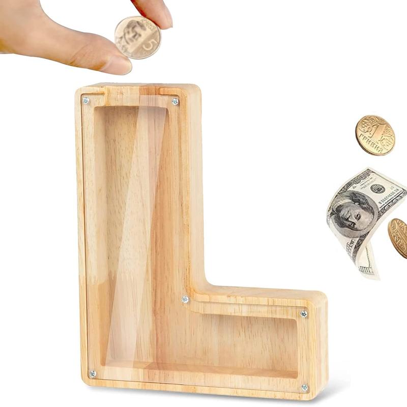 1Pc Wooden Letter L Piggy Bank, Coin Money Saving Box, Jar Coins Storage Box, Desktop Ornament Home Decor, Gift for Kids (L), Room Decoration , Transparent display