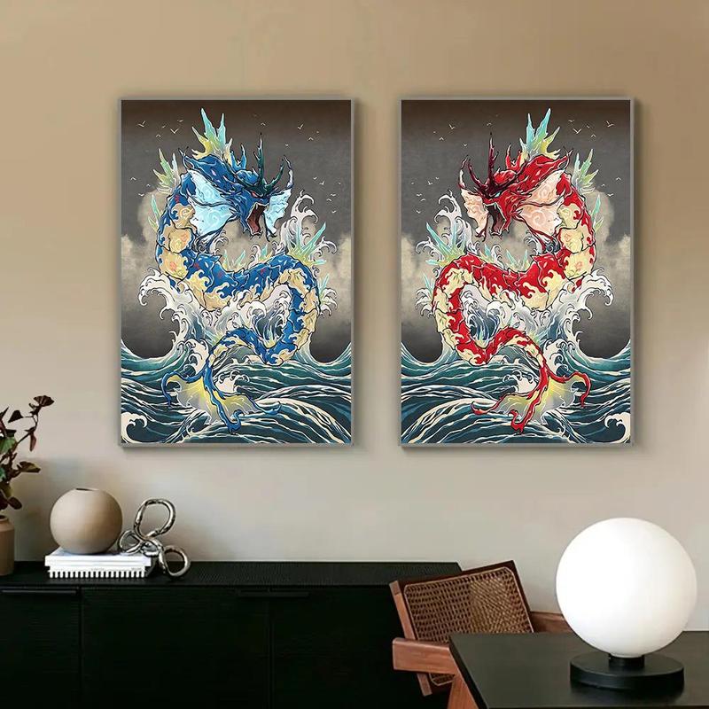 Dragon Pattern Wall Art, 2 Counts set Frameless Abstract Anime Poster, Cartoon Dragon Wall Art Painting for Living Room Bedroom Dormitory Home Decor