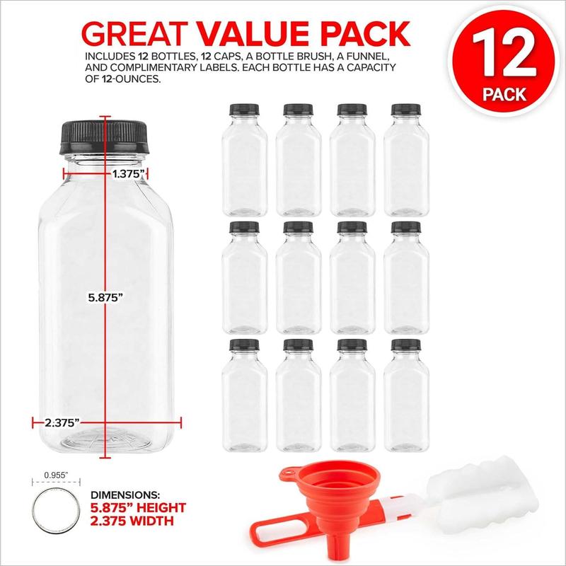 12 Oz Juice Bottles with Caps for Juicing (12 Pack) - Reusable Clear Empty Plastic Water Bottles - Drink Containers for Mini Fridge, Juicer Shots Includes Labels, Brush & Funnel