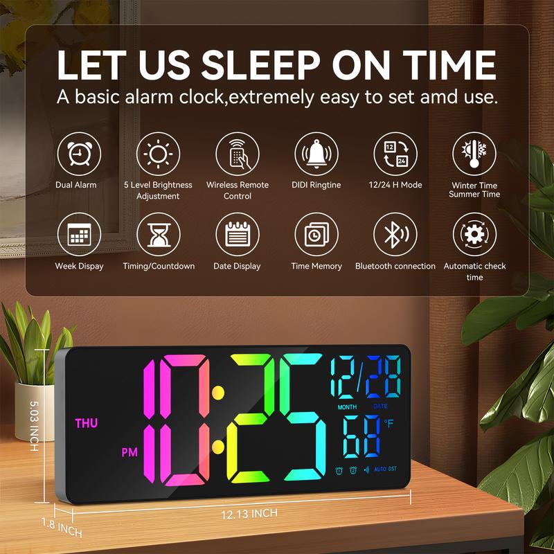 RGB Background Clock, 4 Side RGB Light, Home Decor, Big Size 13'' Game Room Clock, Dual Alarm, Dim Adjustable, Bluetooth Control