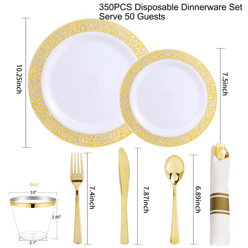 350 Pcs Gold Plastic Plates Disposable Silverware and Cups, Include:50 Dinner Plates 10.25”, 50 Dessert Plates 7.5” 50 Gold Rim Cups ,Gold Cutlery Set dinner plate