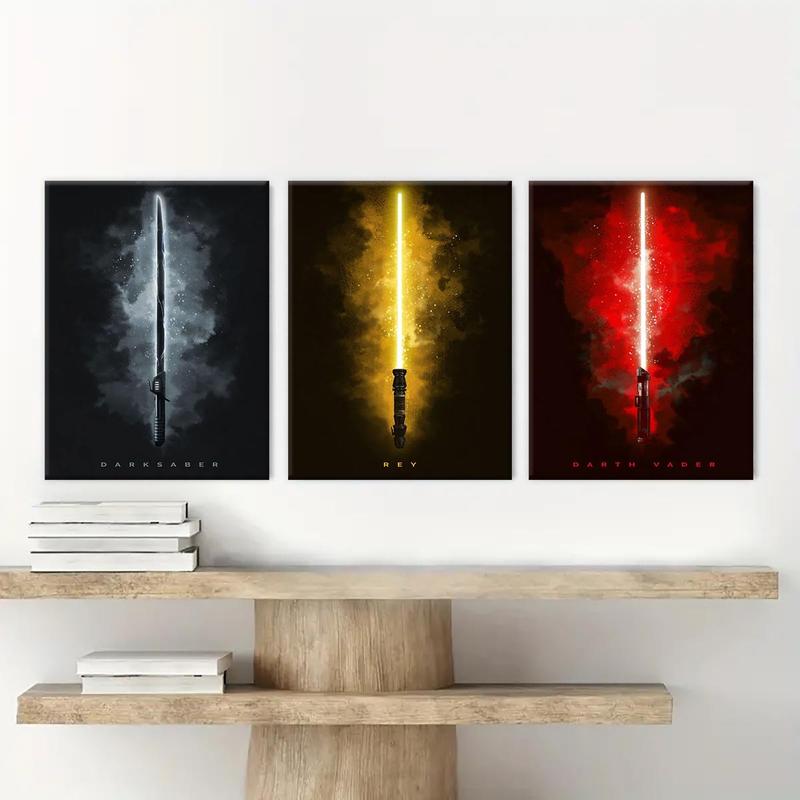 Wooden Framed Canvas Painting, 3 Counts set Lightsaber Pattern Wall Art Poster, Home Decor Poster for Living Room Bedroom Office