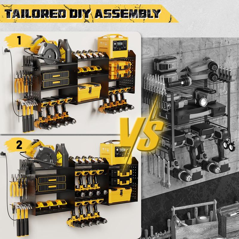 Power Tool Organizer Wall Mount with Charging Station, 3 Layer Heavy Duty Power Tool Storage Rack Cordless Drill Hanger, Large Tool Battery Organizer with Screwdriver Hammer DIY Garage Storage