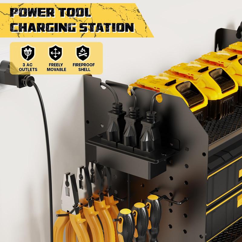 Power Tool Organizer Wall Mount with Charging Station, 3 Layer Heavy Duty Power Tool Storage Rack Cordless Drill Hanger, Large Tool Battery Organizer with Screwdriver Hammer DIY Garage Storage