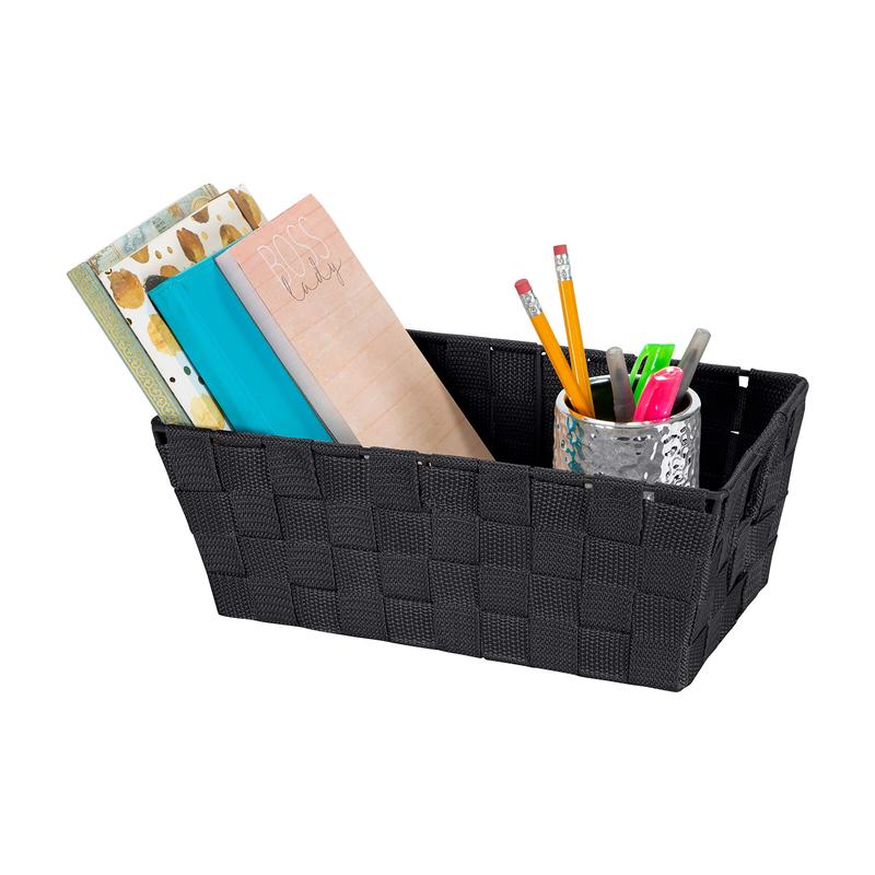 Simplify Small Shelf Woven Strap Tote | Decorative Storage Basket | Built in Handles | Organization | Closet | Bedroom | Bathroom | Nursery | Accessories | Toys | Gifts | 1 Pack | Black