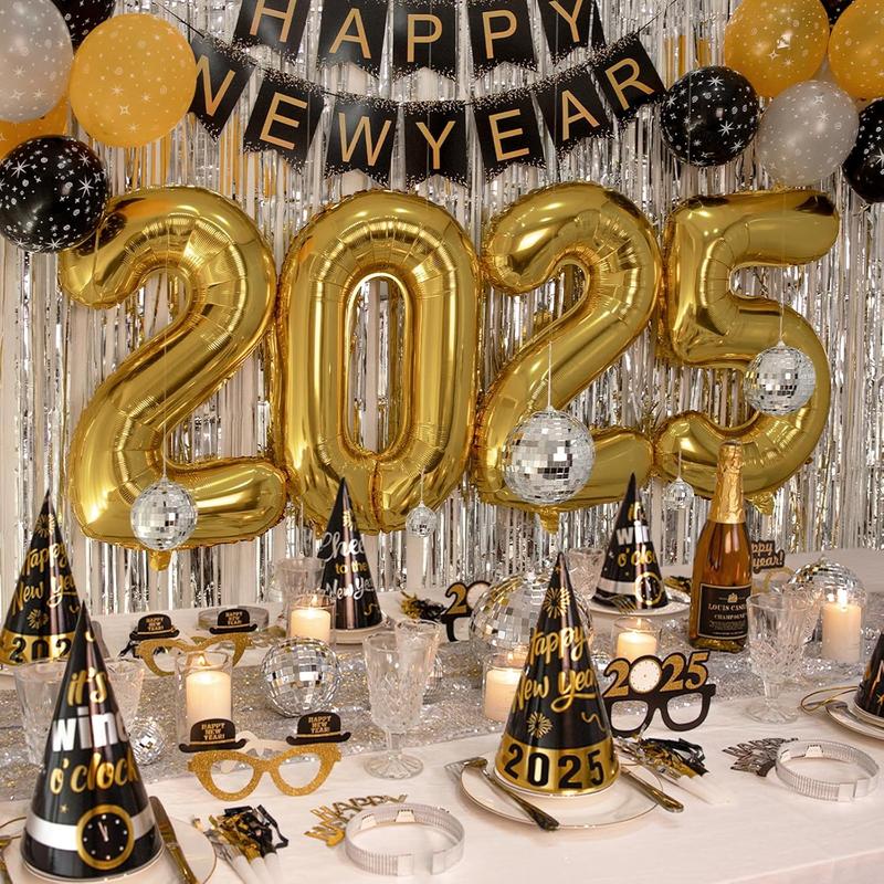 New Years Eve Party Supplies 2025 - Happy New Year Decorations Kit - Includes Banner, Hats, Glasses, Tiaras, Balloons, Squawkers and Fringe Curtains - Accessories for Adults Kids Party Decor