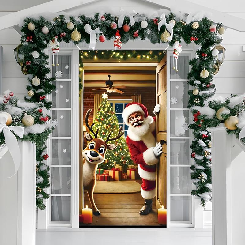 Christmas Themed Door Banner, 1 Count Santa Claus & Reindeer Pattern Door Hanging Banner, Festive & Party Supplies for Home Living Room Bedroom