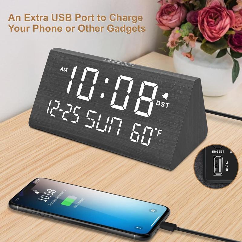 Digital Alarm Clocks for Bedrooms - Wooden Desk Clock with Date, Day of Week, USB Port, Temperature, Dimmer for Bedside Table, Living Room, Office, Adjustable Volume, Auto DST, Wood Decor