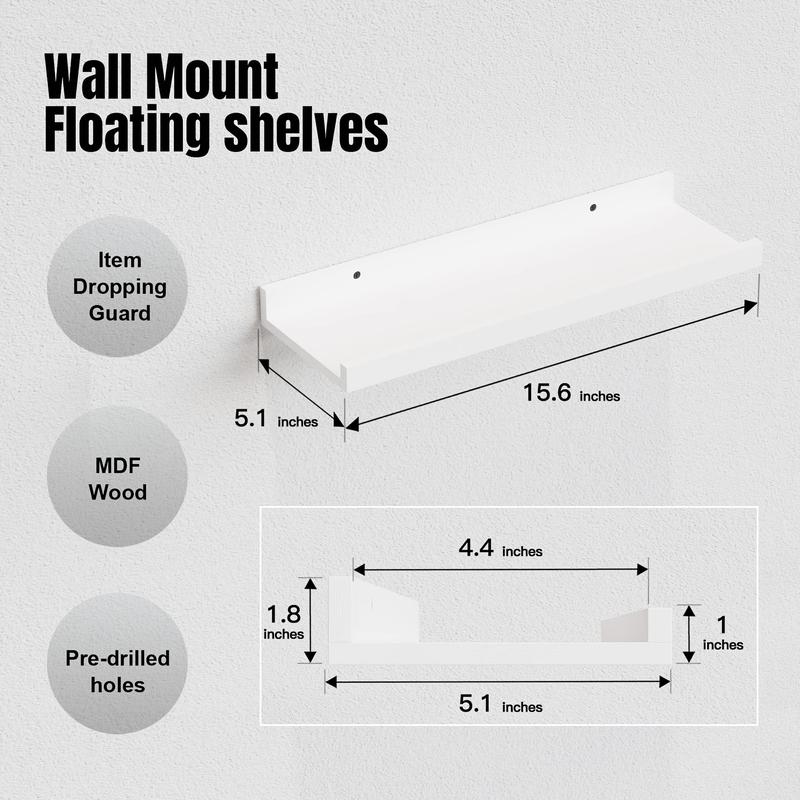 5 Set White Floating Shelves, Wall Mounted Shelves for Wall Decor, Modern Picture Ledge Shelf with Lip for Wall Storage Nursery, Bedroom, Living Room, Bathroom - White