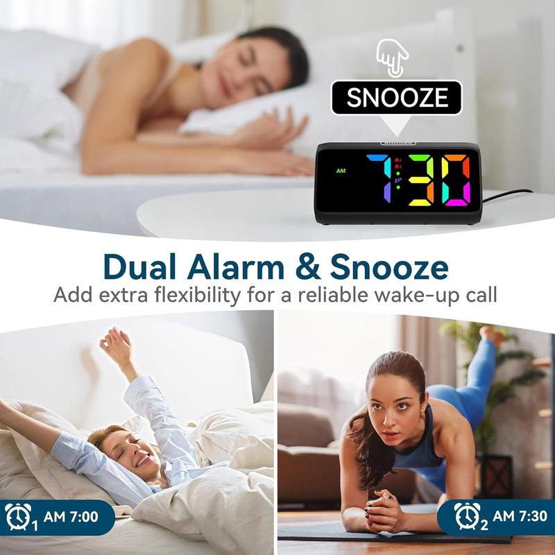 Loud Alarm Clock for Heavy Sleepers, RGB Alarm Clocks for Bedrooms Seniors Kids, Plug in Digital Clock with 5 Dimmers, 2 Alarms, 4 Volumes and Snooze