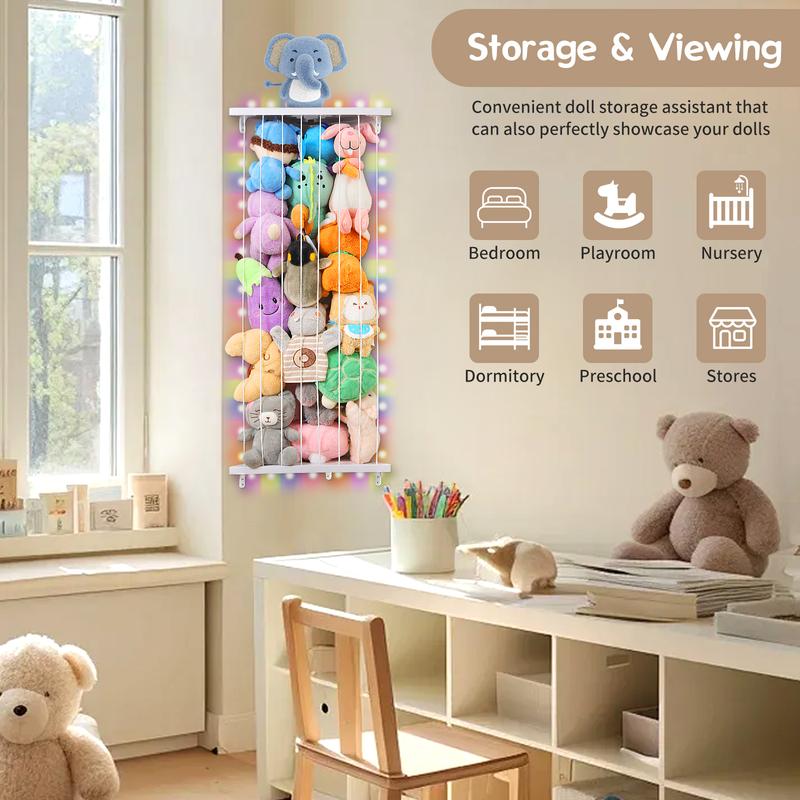 Corner Stuffed Animal Storage Organizer - Kids Stuffed Animals Holder with Lights - Wall Stuffed Animal Zoo with Adjustable Length for Nursery Playroom Bedroom