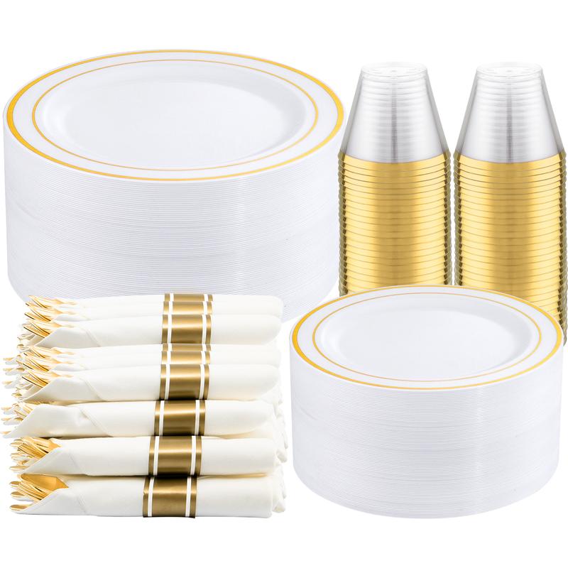 350 Pcs Disposable Plates for Christmas ,Wedding, party Include: 50 Dinner Plates 10.25”, 50 Dessert Plates 7.5”, 50 Gold Rim Cups ,50 Cutlery