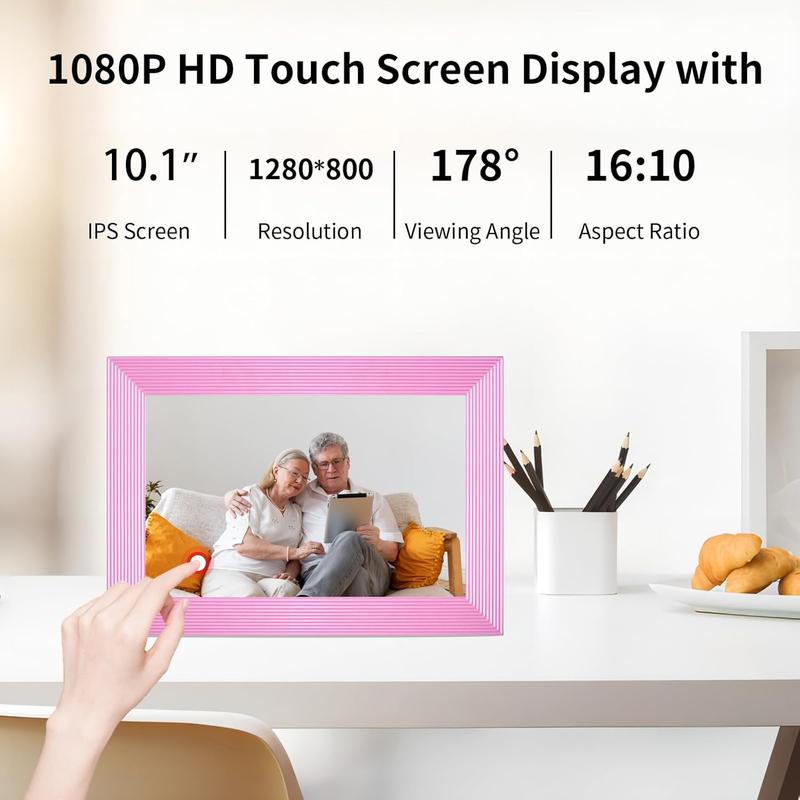 FRAMEO 10.1 Inch Smart WiFi Digital Photo Frame 1280x800 IPS LCD Touch Screen, Auto-Rotate Portrait and Landscape, Built in 32GB Memory, Digital Picture Frames Load from Phone-Pink