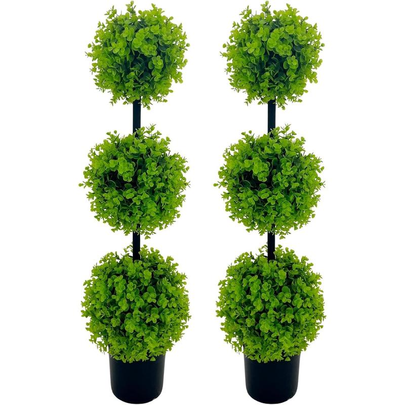 2 Pack Artificial Boxwood Topiary Tree, 3ft Topiary Ball Tree Potted Plants Decoration for Front Porch Indoor Outdoor Home Décor Decorative Fruit