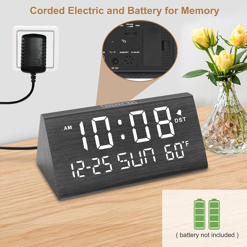 Digital Alarm Clocks for Bedrooms - Wooden Desk Clock with Date, Day of Week, USB Port, Temperature, Dimmer for Bedside Table, Living Room, Office, Adjustable Volume, Auto DST, Wood Decor