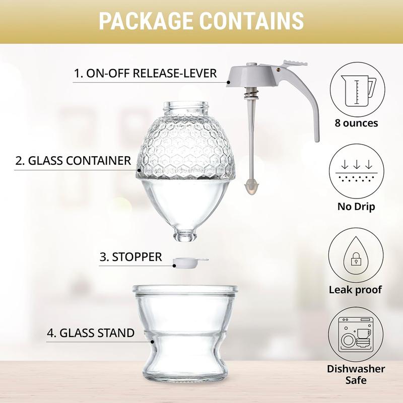 Glass Honey Dispenser Jar - Premium No Drip Design, Elegant Honeycomb Shape with White Lid - Durable Glass & ABS for Honey and Syrup