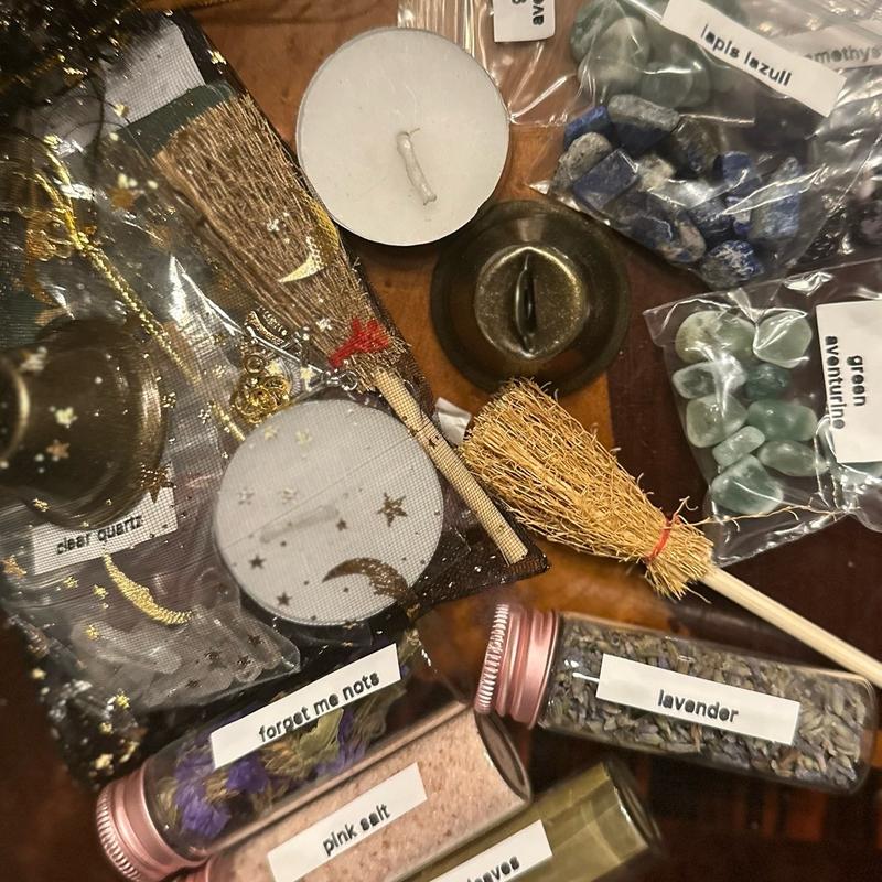 Beginner's Spell Kit with Herbs, Salts, Crystals, Bell, Mini Broom, Charms, Spoon and Tea Light Candle