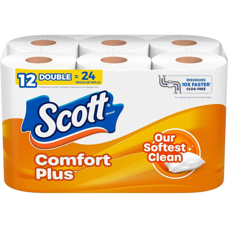 Scott Comfortplus Toilet Paper, 12 Double Rolls, 231 Sheets per Roll, Septic-Safe, 1-Ply Toilet Tissue Kimberly-Clark