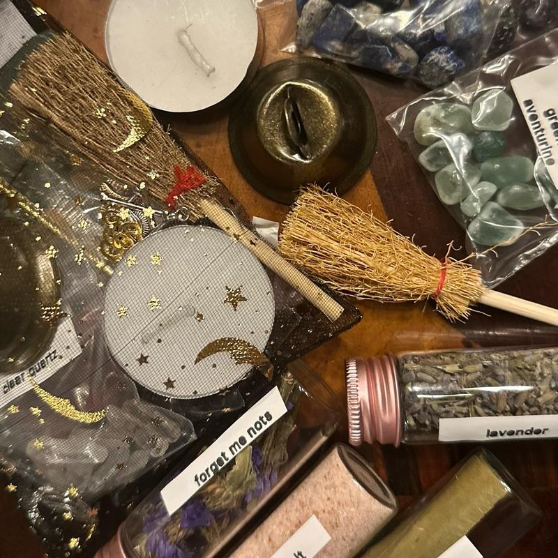 Beginner's Spell Kit with Herbs, Salts, Crystals, Bell, Mini Broom, Charms, Spoon and Tea Light Candle