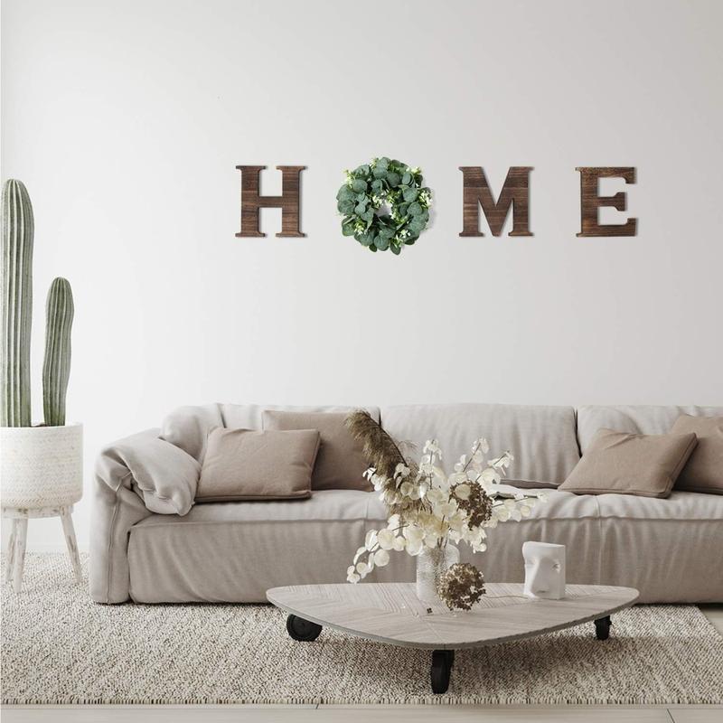 Wooden Home Sign with Artificial Eucalyptus Wreath for O, 9.8'' Letters for Wall Hanging Rustic Letters Decor for Living Room, Entry Way, Kitchen, Etc (Brown)