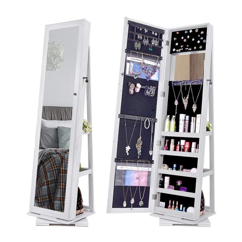 360 Degree Rotatable Jewelry Armoire with Free-Standing Mirror, White Decor Door Decor Door