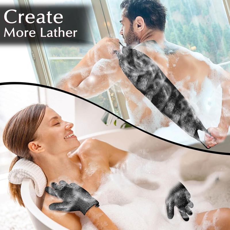 Exfoliating Back Scrubber Bath Gloves Set, Exfoliating Shower Towel with Shower Gloves for Body Scrub, Back Cleaner Wash Gloves to Remove Dead Skin (Black)