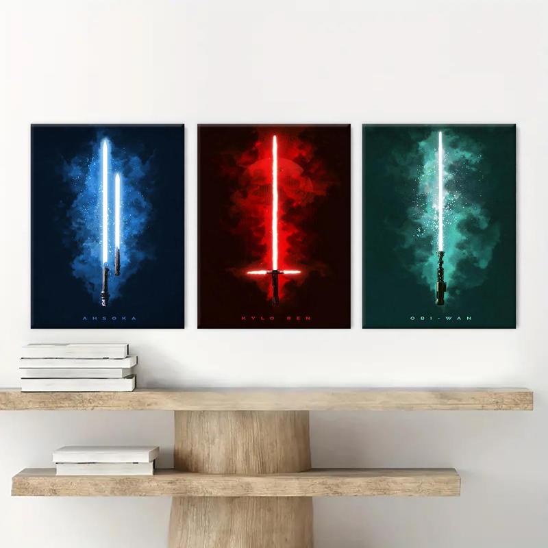 Light Saber Pattern Canvas Painting with Frame, 3 Counts Modern Wall Art Poster, Canvas Art Wall Art Decor for Home Living Room Bedroom Office, Wall Art Painting Room Decor, Christmas 2024 Ornament, Christmas Gift Ideas, Stocking Stuffers