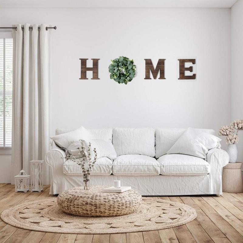 Wooden Home Sign with Artificial Eucalyptus Wreath for O, 9.8'' Letters for Wall Hanging Rustic Letters Decor for Living Room, Entry Way, Kitchen, Etc (Brown)