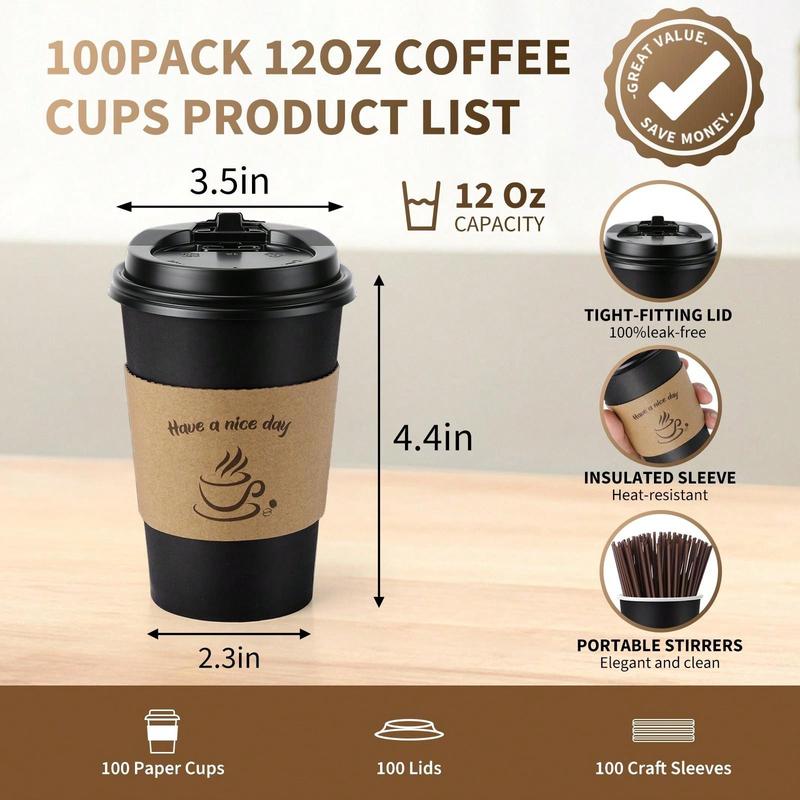 Crafted Living  100 Pack 12oz 16 Oz Coffee Cups With Lids, Paper Coffee Cups For Hot & Cold Drinks, To Go Coffee Cups With Lids For Coffee, Tea, Chocolate, Juice, Insulated Paper Coffee Cups School Supplies