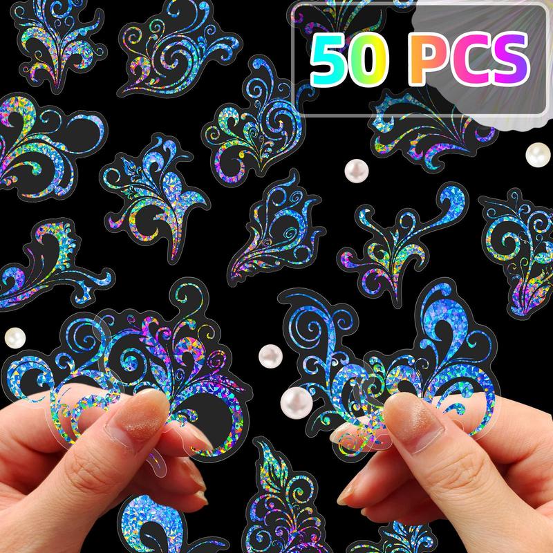 Holographic Floral Pattern Sticker Set, 50pcs set DIY Colorful Stickers for Scrapbooking, Crafts, Room Wall Decor