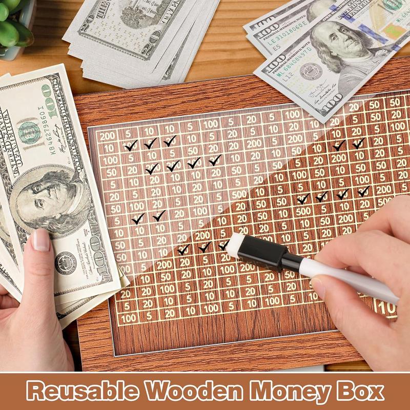 Wooden Money Box Money Bank, Countdown Money Saving Box with 10000 Dollars Target, Money Box with Money Target and Numbers to Check for Boys Girls (10000 USD)   Ornaments Decor Piggy