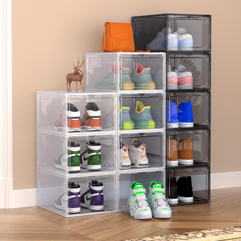 Anyask Drop Front Plastic Shoe Box with Clear Door Set of 2 Stackable For Display Sneakers Easy Assembly Fit up to US Size 12(13.4”x 10.6”x 7.4”)